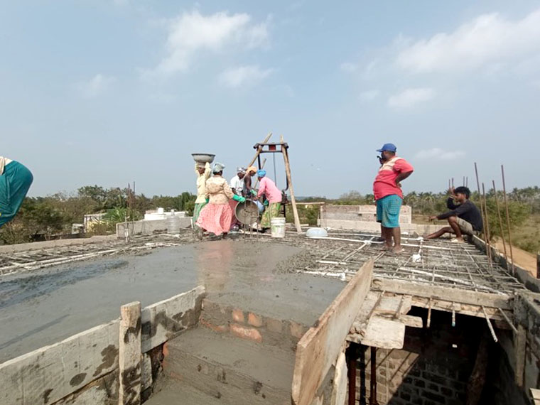 VK Builders construction team casting a roof slab on site, Chennai